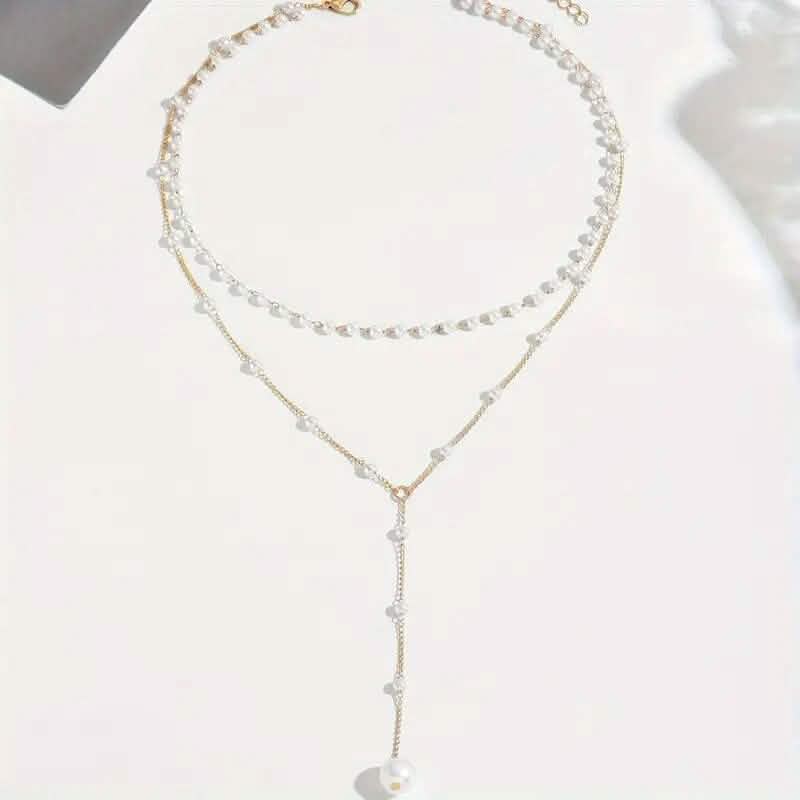 Elegant Vintage Style Double-Layer Pendant Necklace with Imitation Pearl Accents and Tassel Drop 2