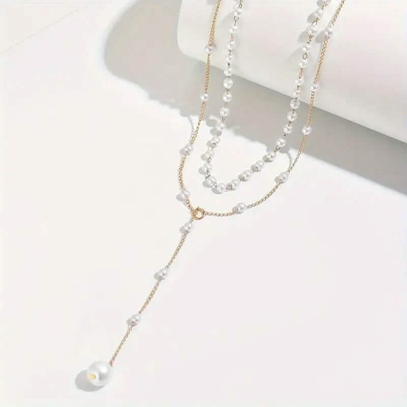 Elegant Vintage Style Double-Layer Pendant Necklace with Imitation Pearl Accents and Tassel Drop 3