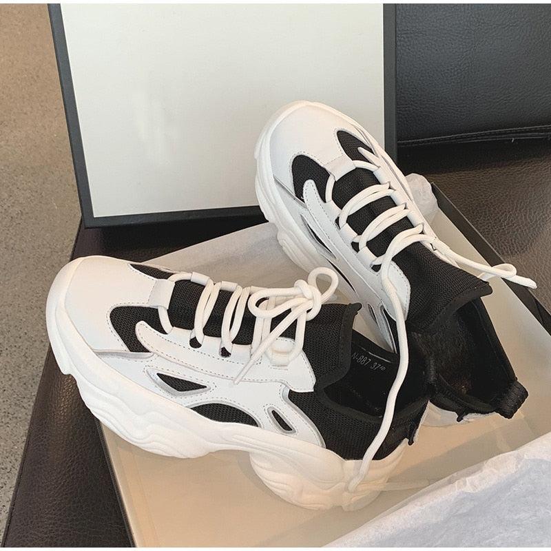 Elegant Women's Sneakers Lace Up Thick Platform Casual Shoes Leather Comfortable Walking Footwear Fashion New Lightweight Casual Everyday Walking Fashion Sneakers 30