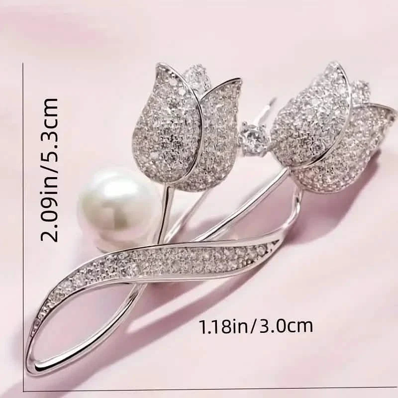 Exquisite Tulip-Shaped Faux Pearl Brooch Adorned with Artificial Diamond 6