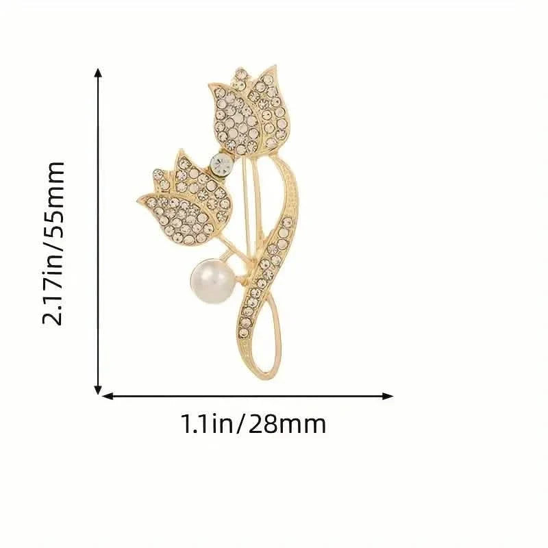 Exquisite Tulip-Shaped Faux Pearl Brooch Adorned with Artificial Diamond 7