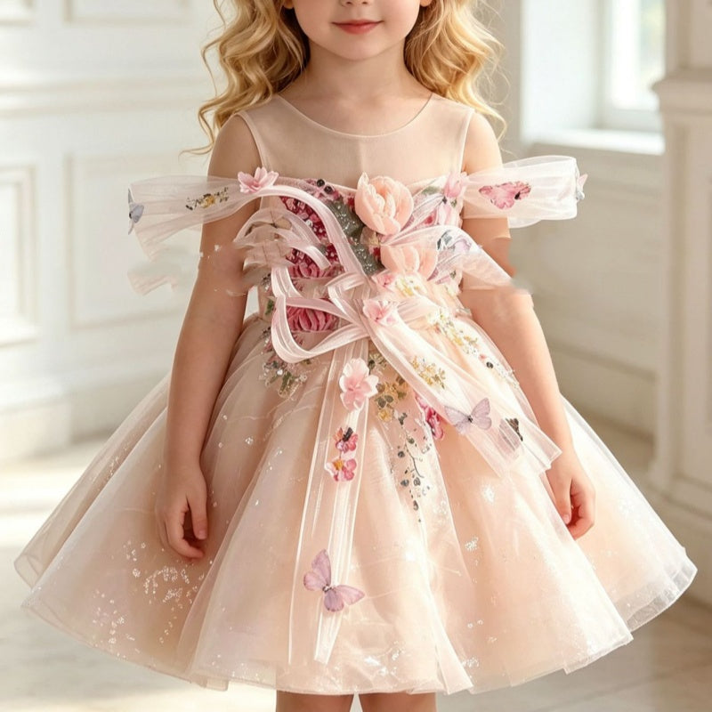 Three-dimensional Flower And Butterfly Tulle Ball Gown For Flower Girls 6