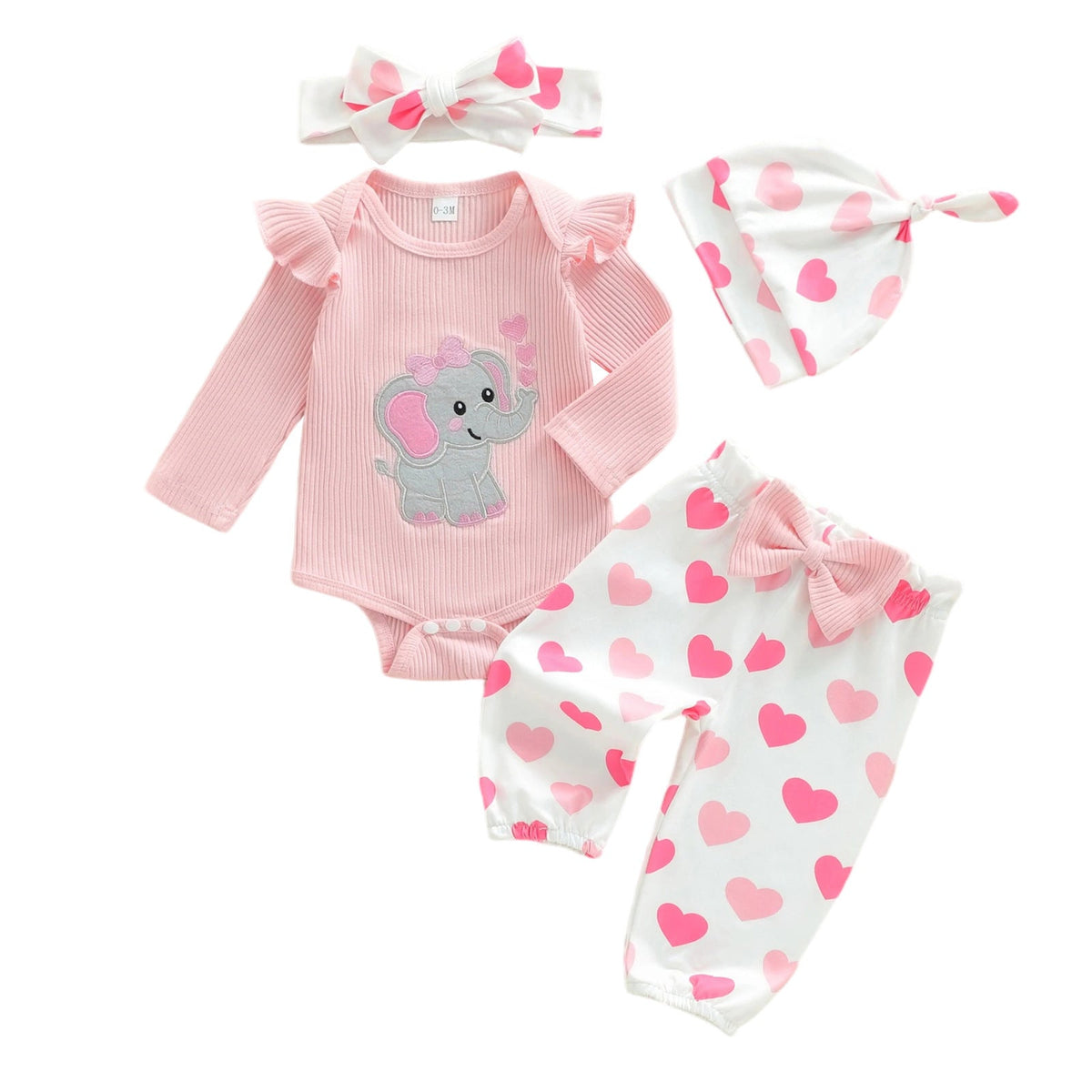 Long-sleeved Onesie With Long Pants Hat Hairband, Four-piece Set 3
