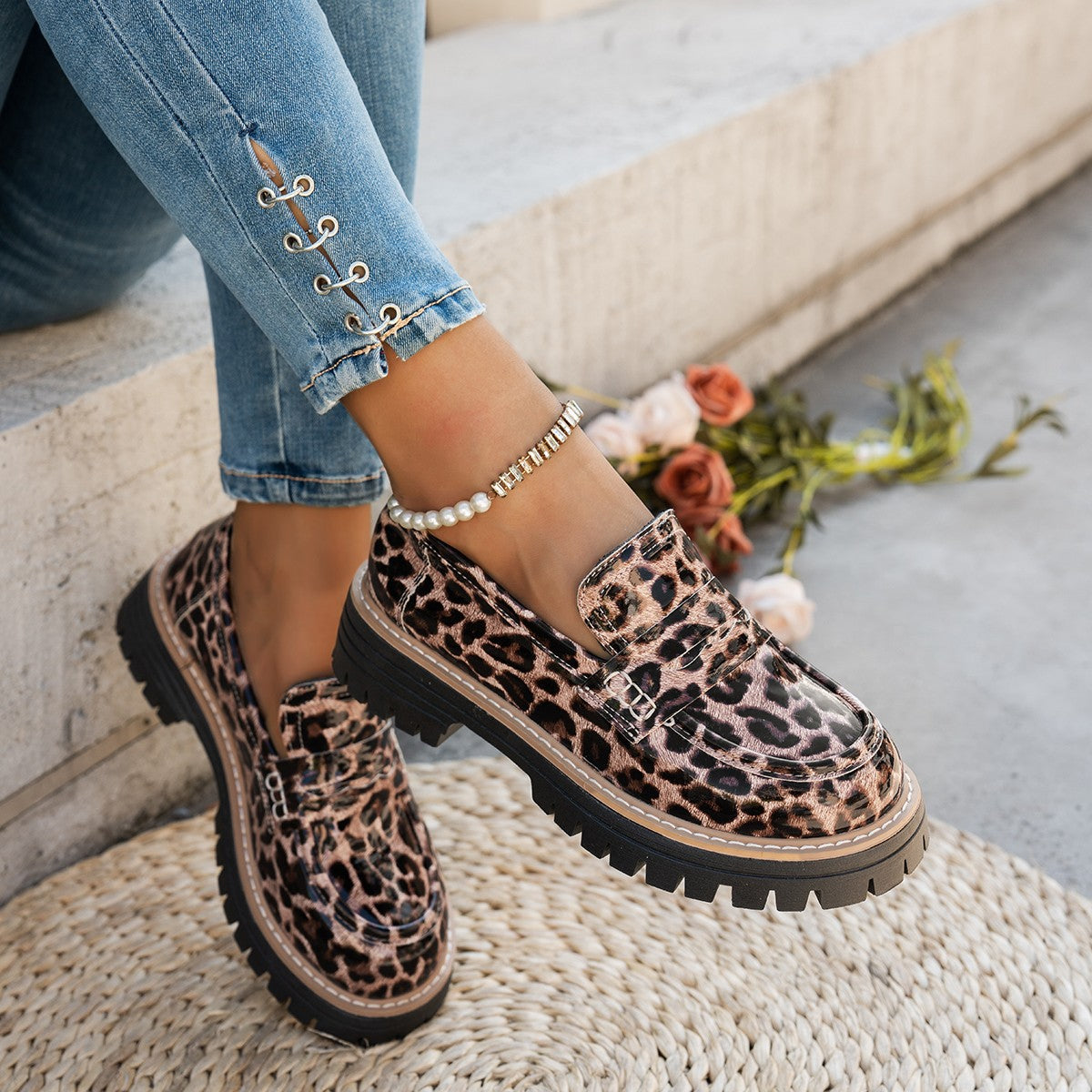 New Autumn Leather Belt-Buckle Patent Leather Leopard-Print Vintage Womens Shoes 8
