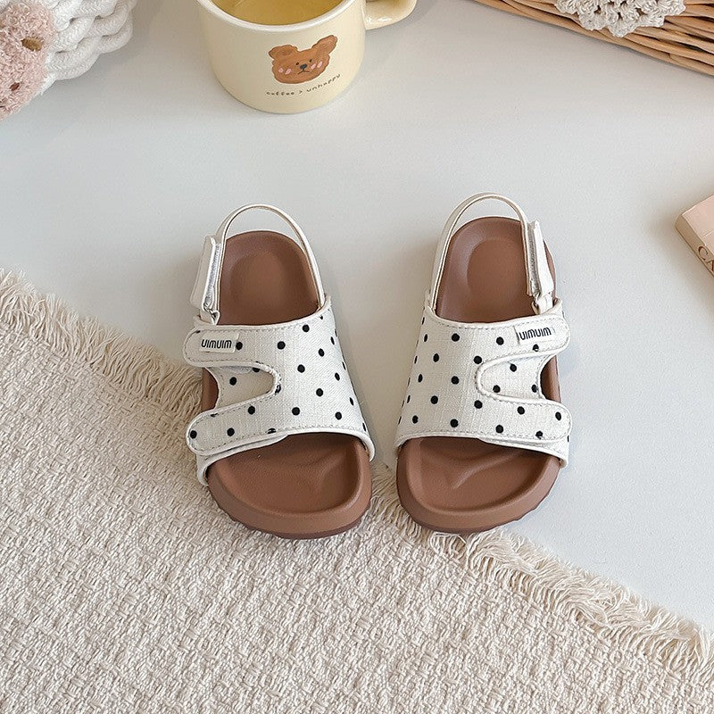 2026 Summer New Kids Sandals, Soft Light Sole Girls Shoes, Fashion Polka Dot Hook & Loop Beach Shoes For Little Middle Big Kids 7