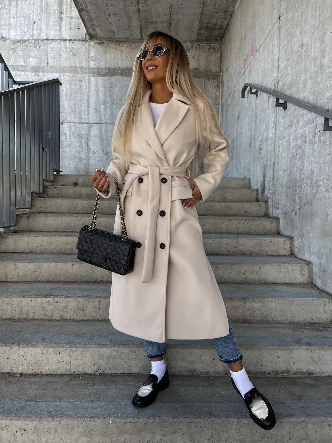 Double-breasted Lapel Split Jacket With Belt Winter Fashion Casual Long Sleeve Button Daily Coats For Women Clothing 4