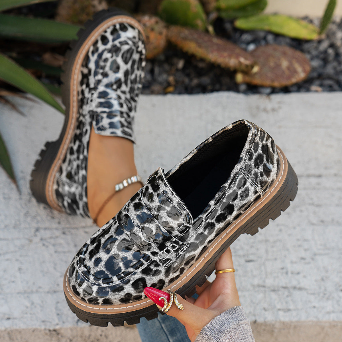 New Autumn Leather Belt-Buckle Patent Leather Leopard-Print Vintage Womens Shoes 4