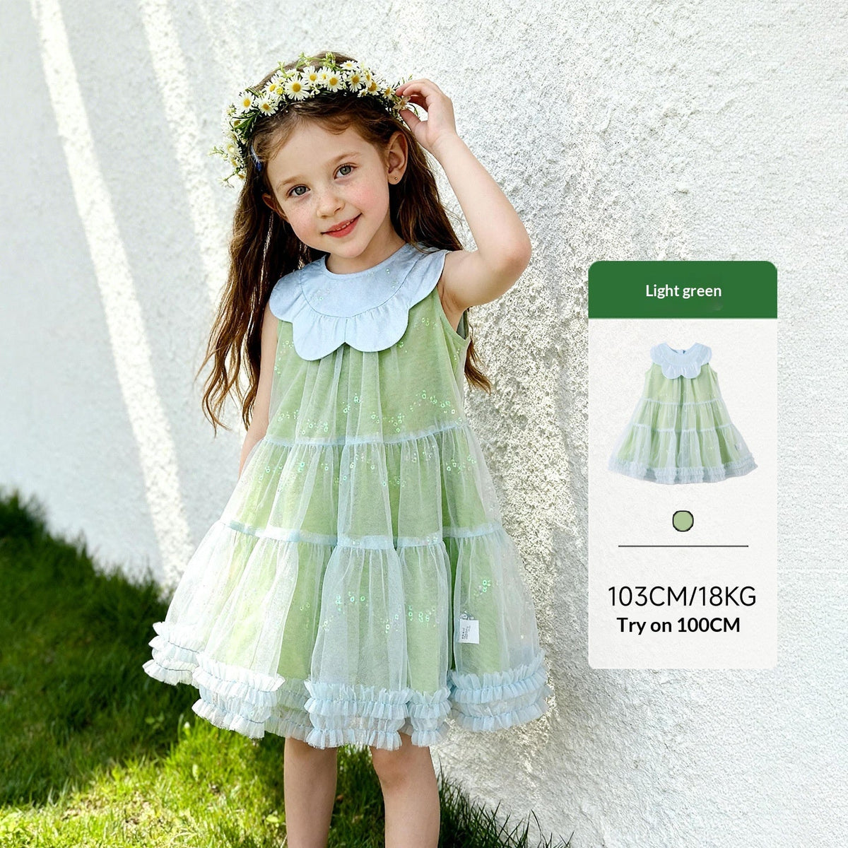 Floral-neck Sequined Tulle Ruffle-trimmed Dress For Girls 6