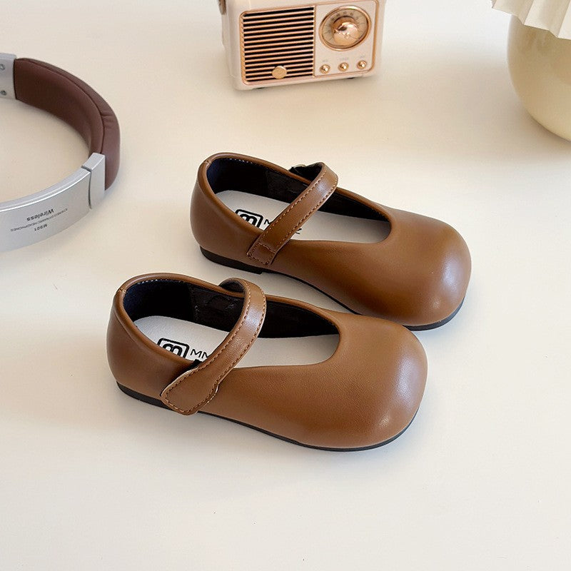 Children's Round Toe Small Leather Shoes, College Style Girls' Middle School, Children's Princess Shoes, Girls' Velcro Single Shoes 6