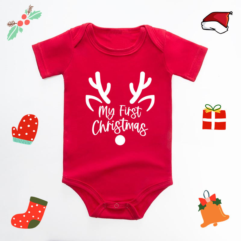 Christmas Deer English Letters Printed Red Triangle Rompers 7