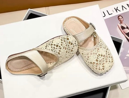 2026 New Summer Girls Hollow Round Toe Mule Slippers, Woven Closed Toe Retro Fashion Flat Slide Sandals, Casual Simple Outdoor Wear 5