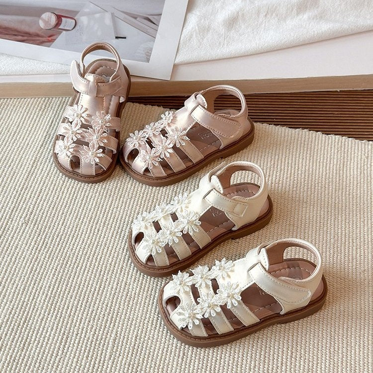 2026 Summer New Girls Closed-Toe Sandals, Toddler & Little Kids Pearl Floral Princess Shoes, Soft Sole Beach Shoes For Baby Girls 1
