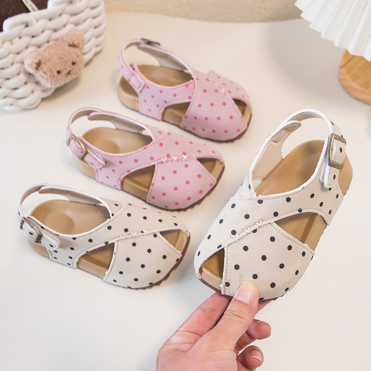 Girls' Trendy Polka Dot Frosted Leather Sandals With Korean Leopard Print, Niche Boken Sandals 1
