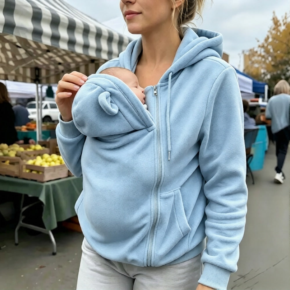 Winter European And American Style Kangaroo Mom Sweatshirt Loose Zipper Hoodie Warm Outerwear For Moms With Kids 11