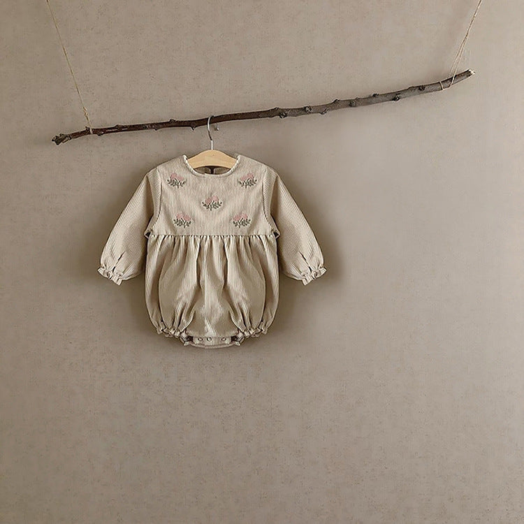 Kids Corduroy Embroidered Long Sleeve Romper Bodysuit 4