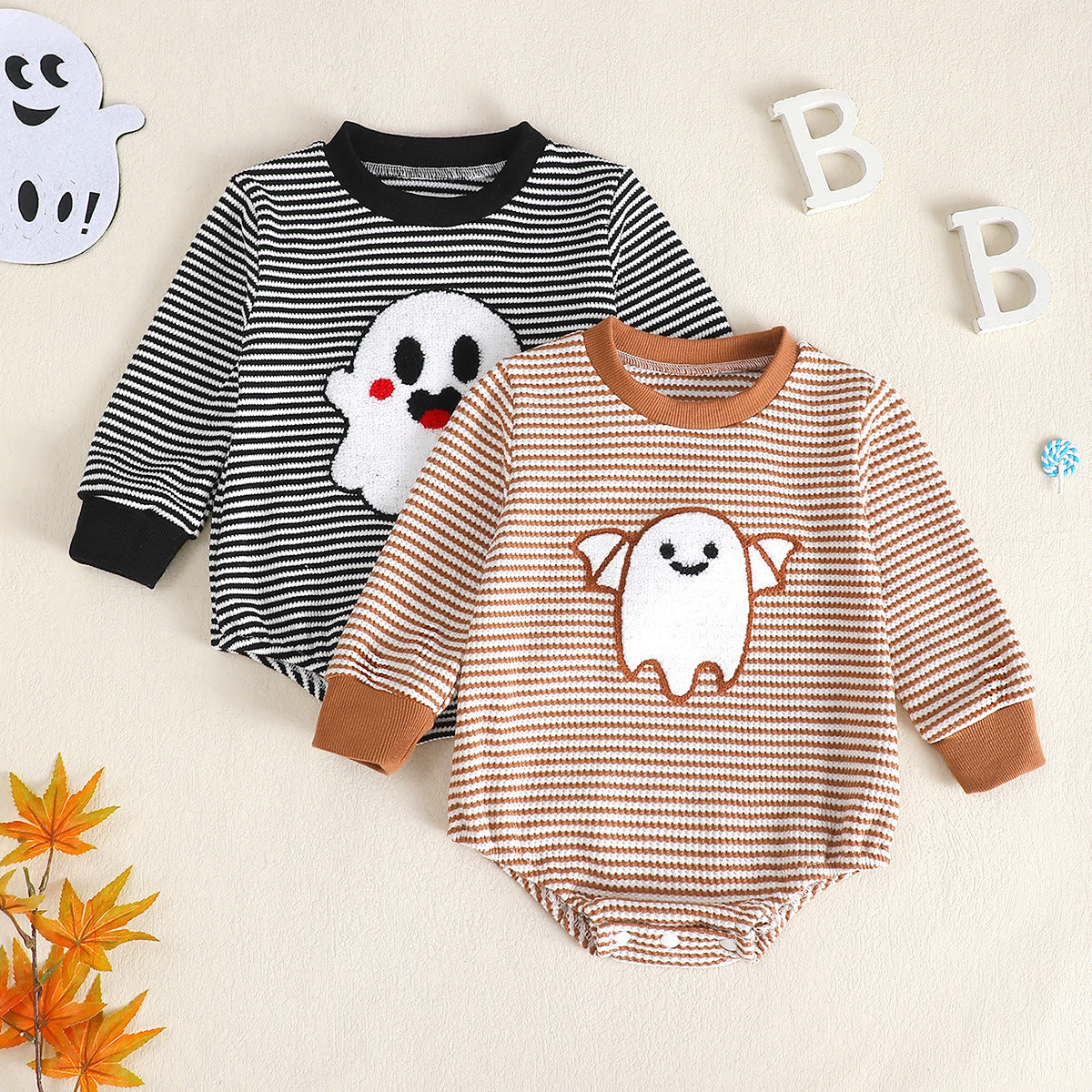 Baby Girl Waffle Knit Striped Long Sleeve Romper with Ghost Embroidery 1