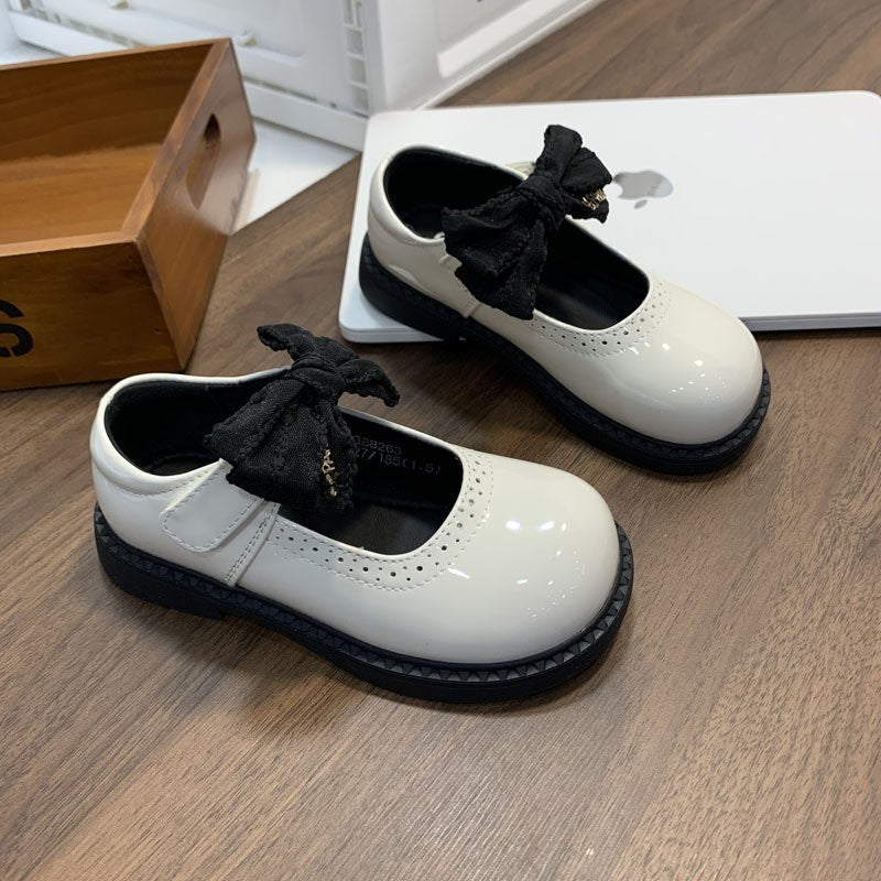 2026 Spring New Kids Leather Shoes, Stylish Black Bow Princess Mary Jane Flat Shoes For Girls 2