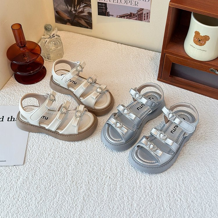 2025 Summer New Girls' Heart Rhinestone Sandals, Korean Style Princess Shoes With Bow, Kids Roman Sandals 1