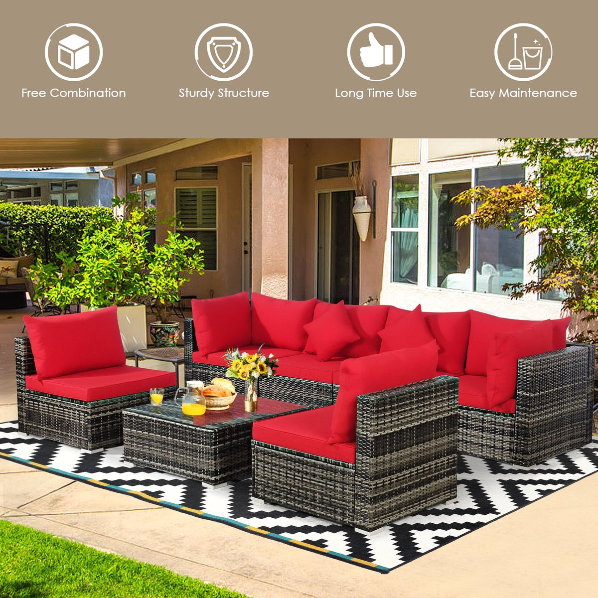 7 Pieces Patio Rattan Furniture Set Sectional Sofa Garden Cushion 14