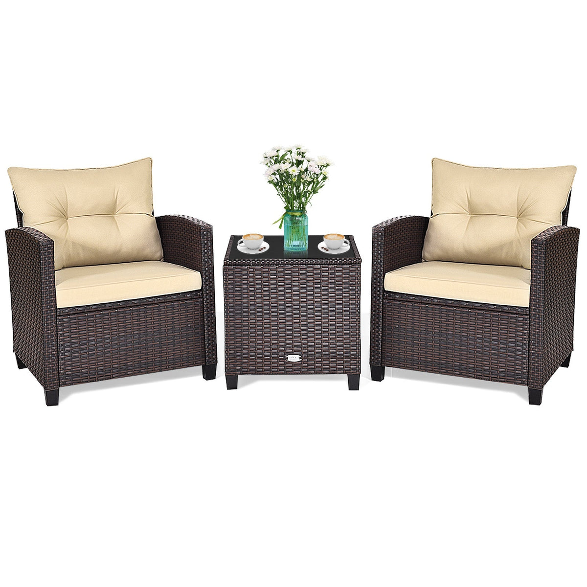 3 Pcs Patio Rattan Furniture Set Cushioned Conversation Set Coffee Table-Beige 9