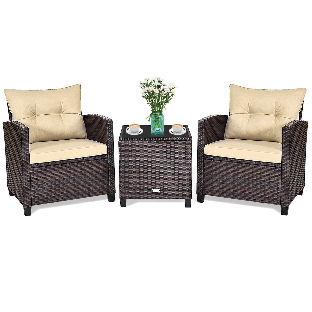 3 Pcs Patio Rattan Furniture Set Cushioned Conversation Set Coffee Table-Beige 9