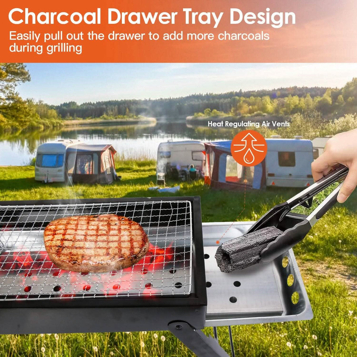 Foldable Charcoal BBQ Grill Stainless Steel Grill Net 7