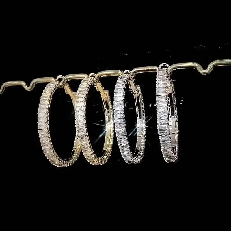 Full Rectangular Shiny Synthetic Zirconia Decorative Hoop Earrings 2