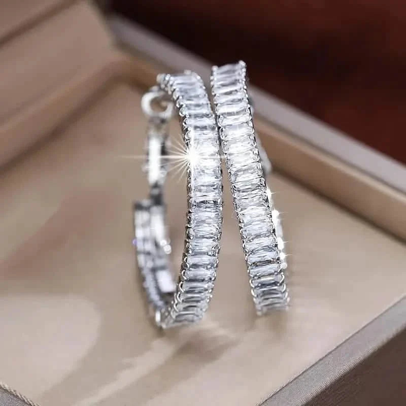 Full Rectangular Shiny Synthetic Zirconia Decorative Hoop Earrings 5
