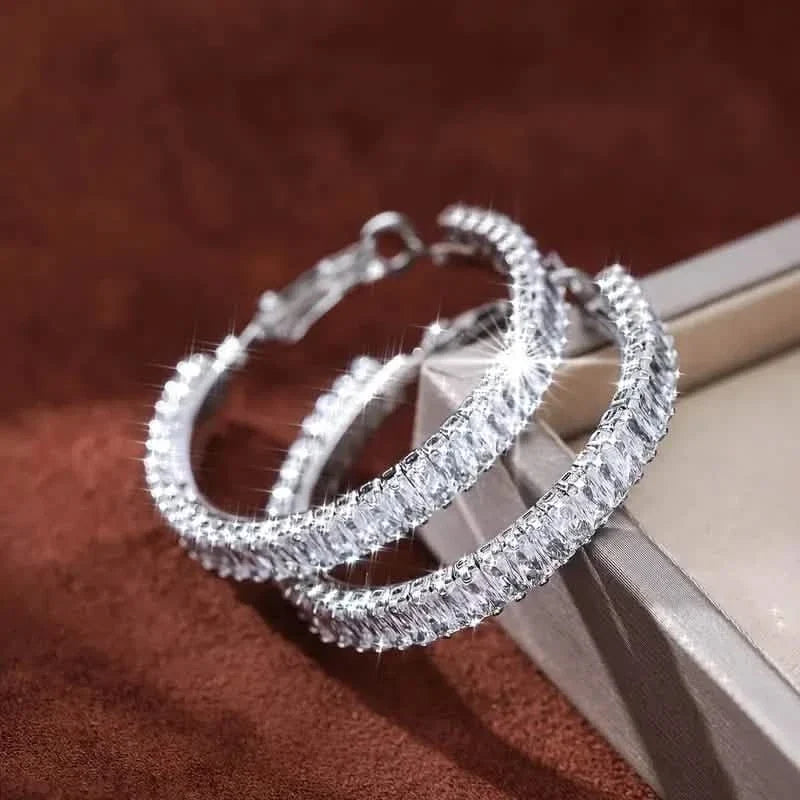 Full Rectangular Shiny Synthetic Zirconia Decorative Hoop Earrings 4