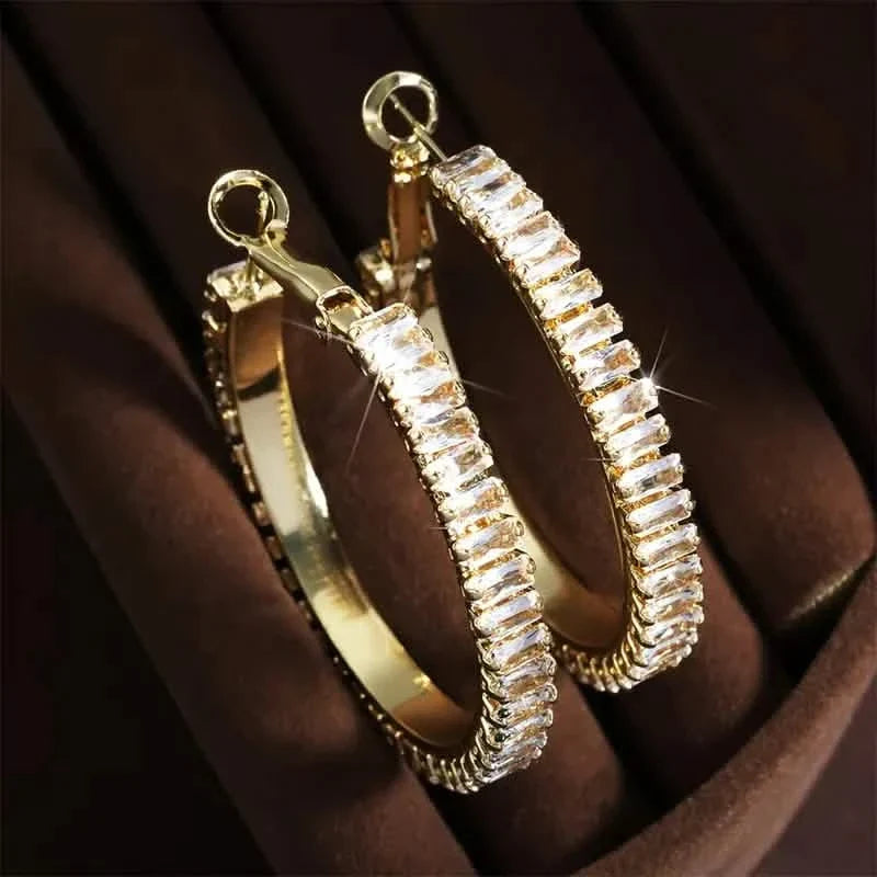 Full Rectangular Shiny Synthetic Zirconia Decorative Hoop Earrings 3