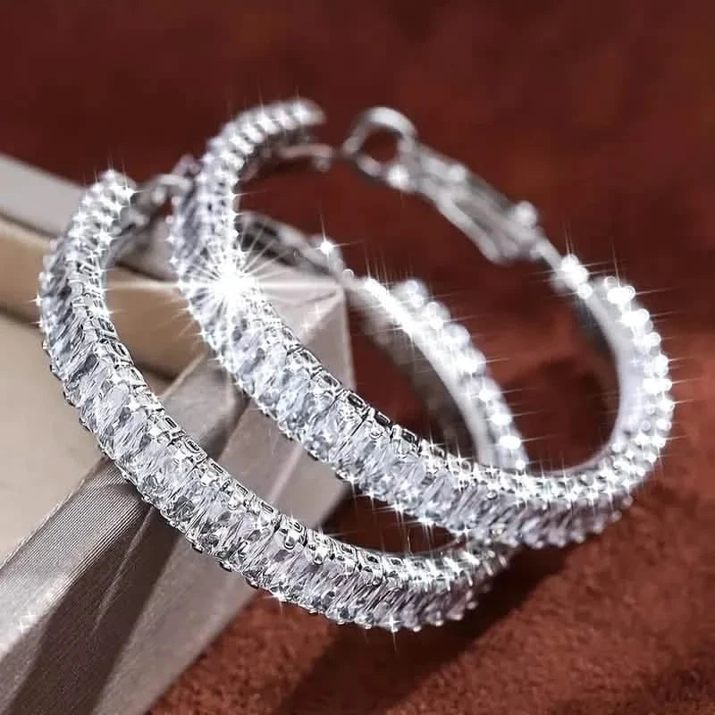 Full Rectangular Shiny Synthetic Zirconia Decorative Hoop Earrings 1
