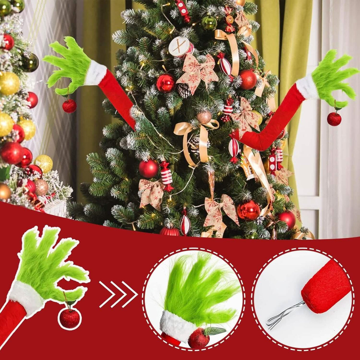 Furry Green Monster Elf Arms Hand for Christmas Tree Ornaments 2