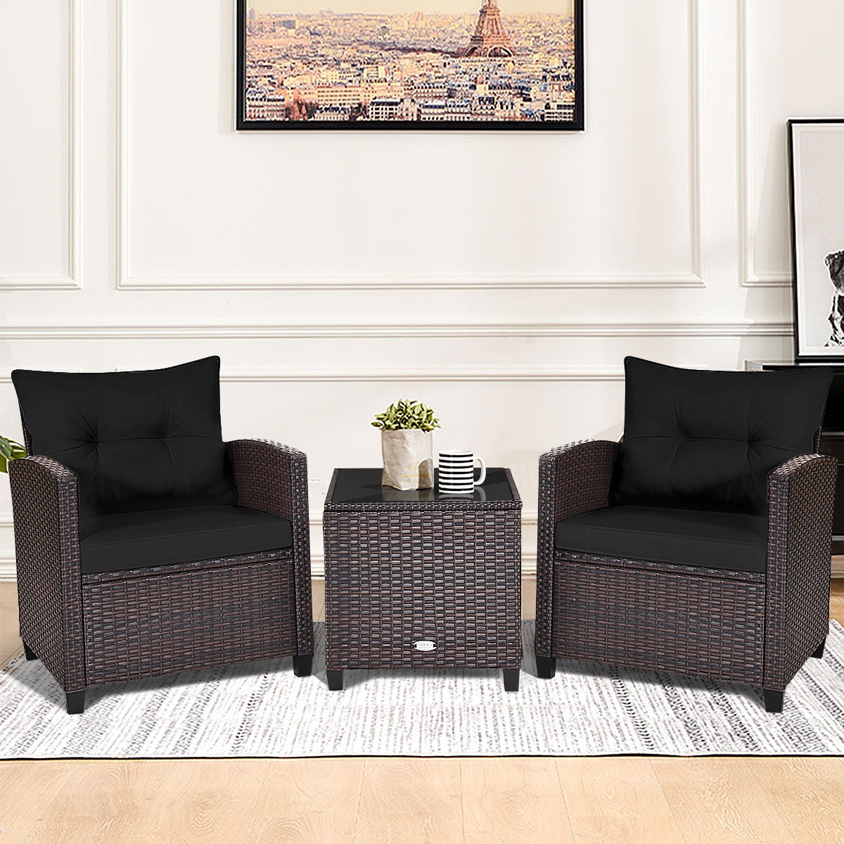 3 Pcs Patio Rattan Furniture Set Cushioned Conversation Set Coffee Table-Beige 1