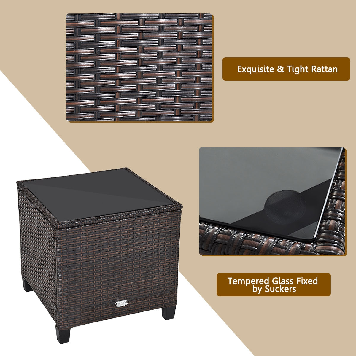 3 Pcs Patio Rattan Furniture Set Cushioned Conversation Set Coffee Table-Beige 8