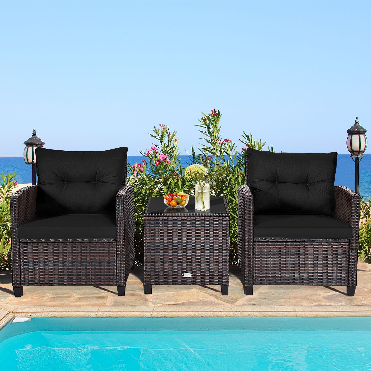3 Pcs Patio Rattan Furniture Set Cushioned Conversation Set Coffee Table-Beige 2