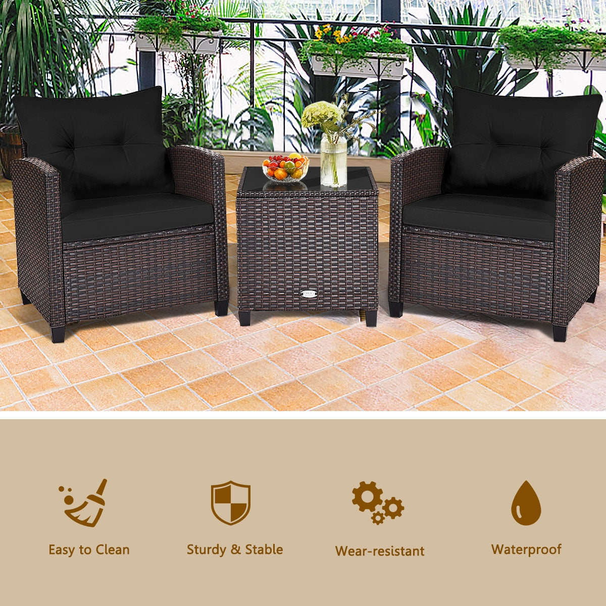 3 Pcs Patio Rattan Furniture Set Cushioned Conversation Set Coffee Table-Beige 6