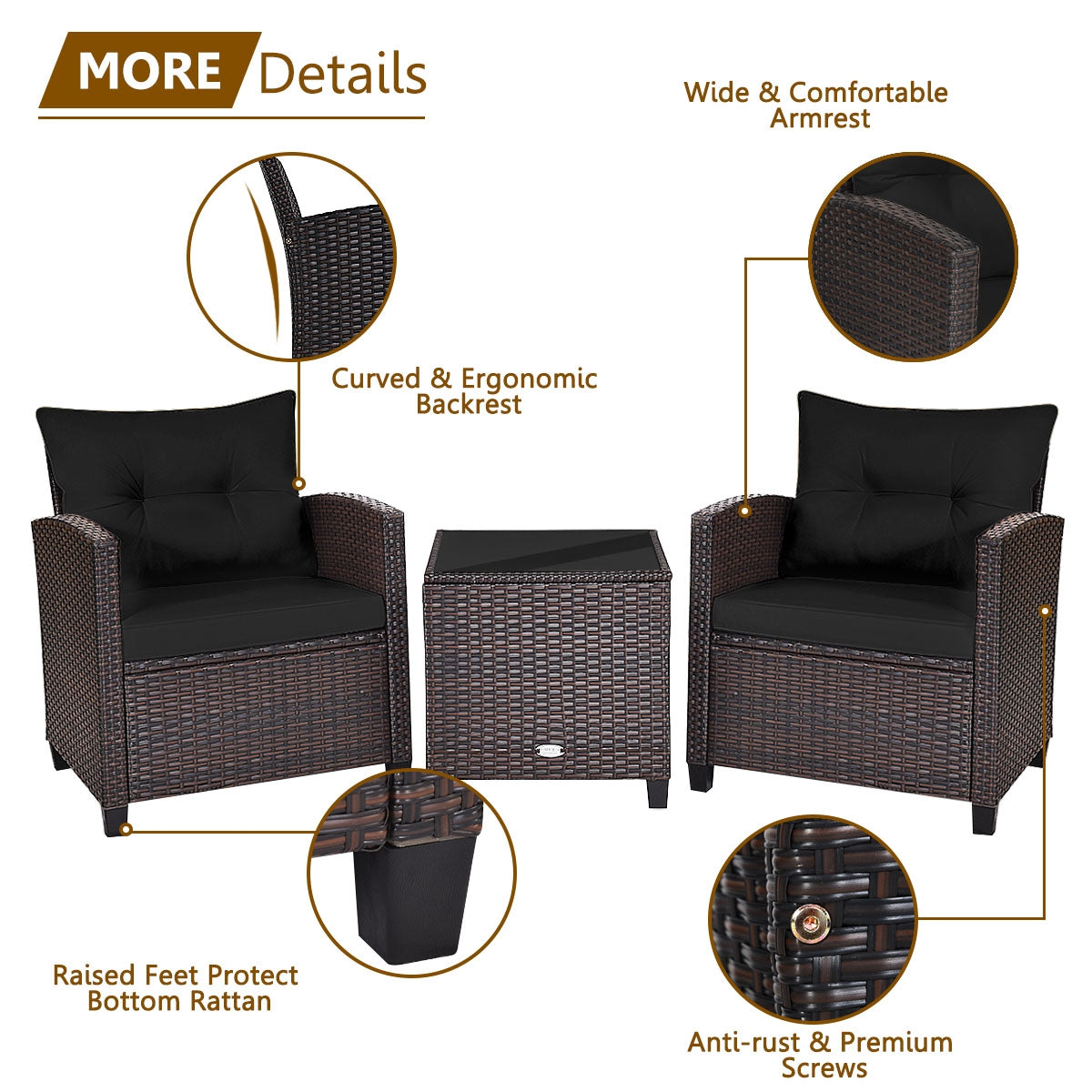 3 Pcs Patio Rattan Furniture Set Cushioned Conversation Set Coffee Table-Beige 7