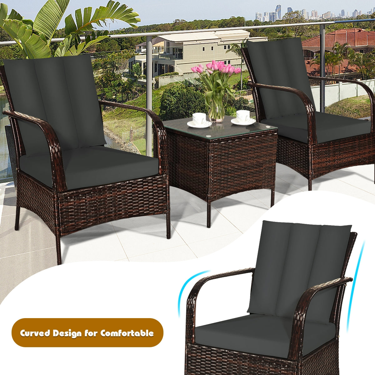 3 Pcs Patio Conversation Rattan Furniture Set with Glass Top Coffee Table and Cushions 7