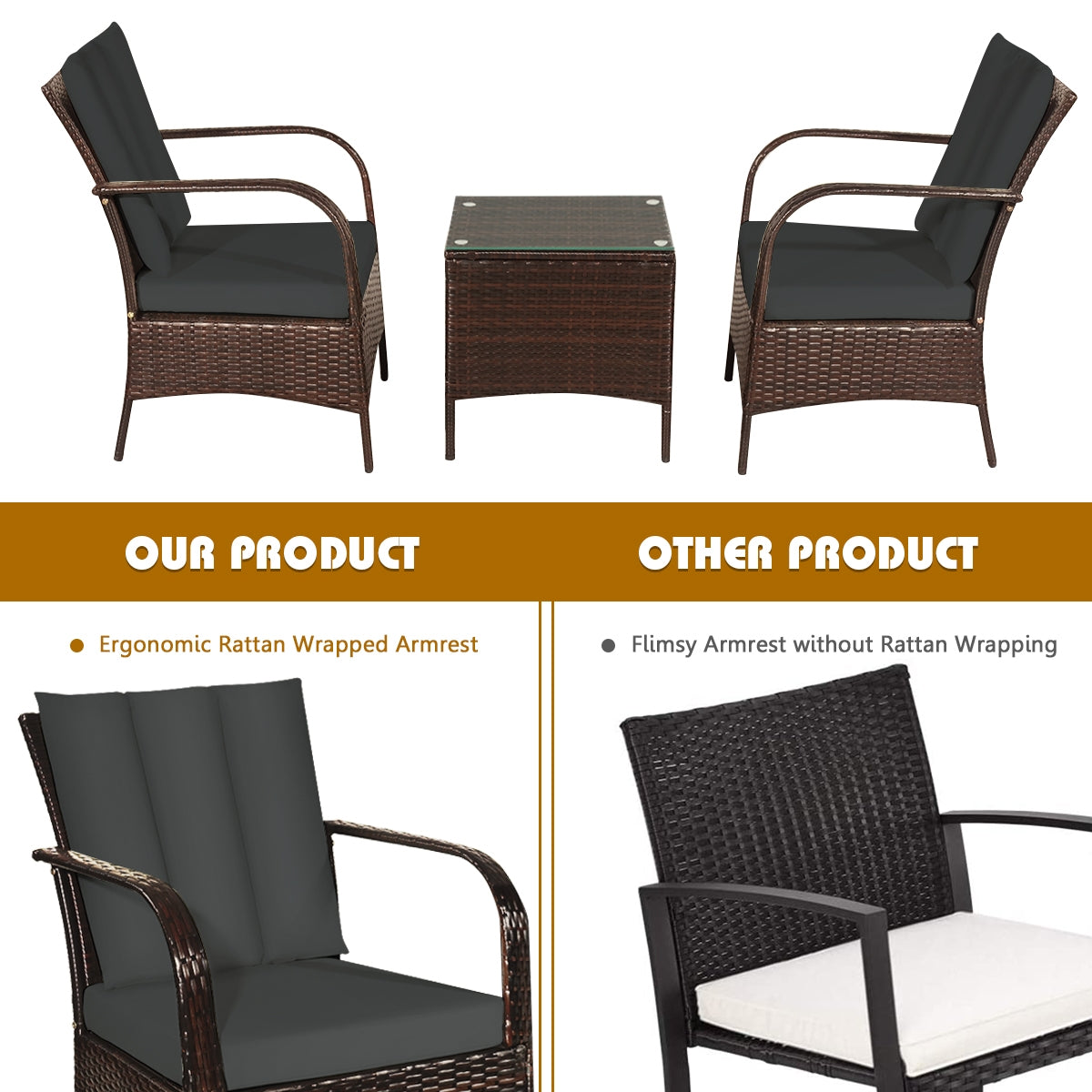 3 Pcs Patio Conversation Rattan Furniture Set with Glass Top Coffee Table and Cushions 8