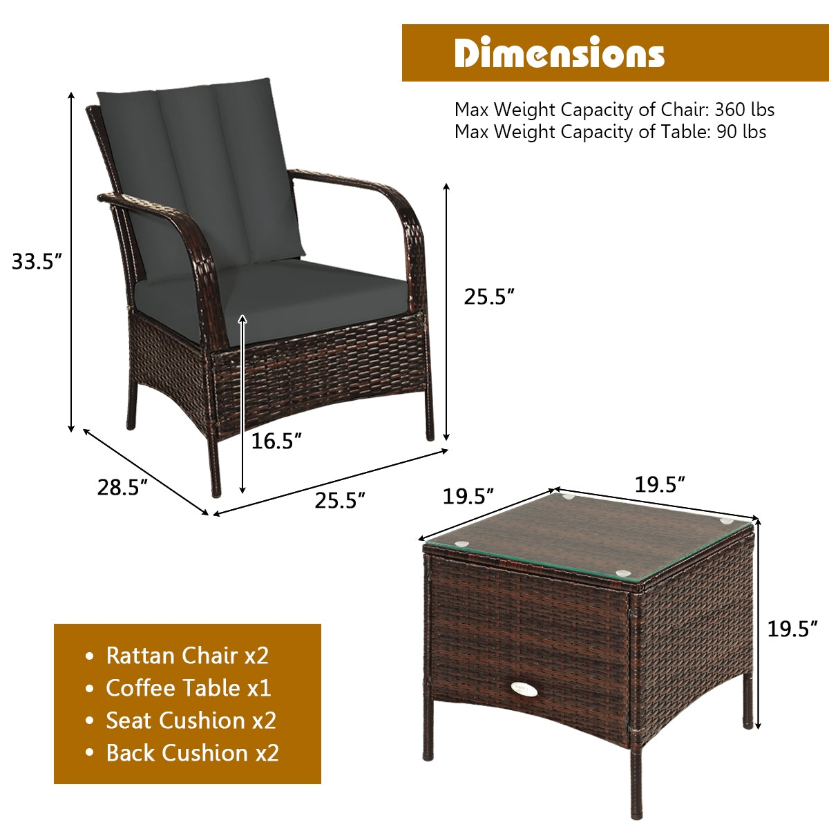 3 Pcs Patio Conversation Rattan Furniture Set with Glass Top Coffee Table and Cushions 5