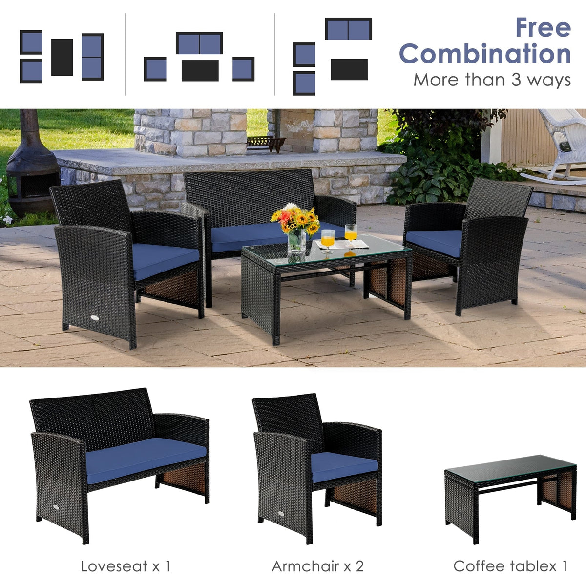 4 Pieces Patio Rattan Cushioned Furniture Set with Coffee Table-Black 2