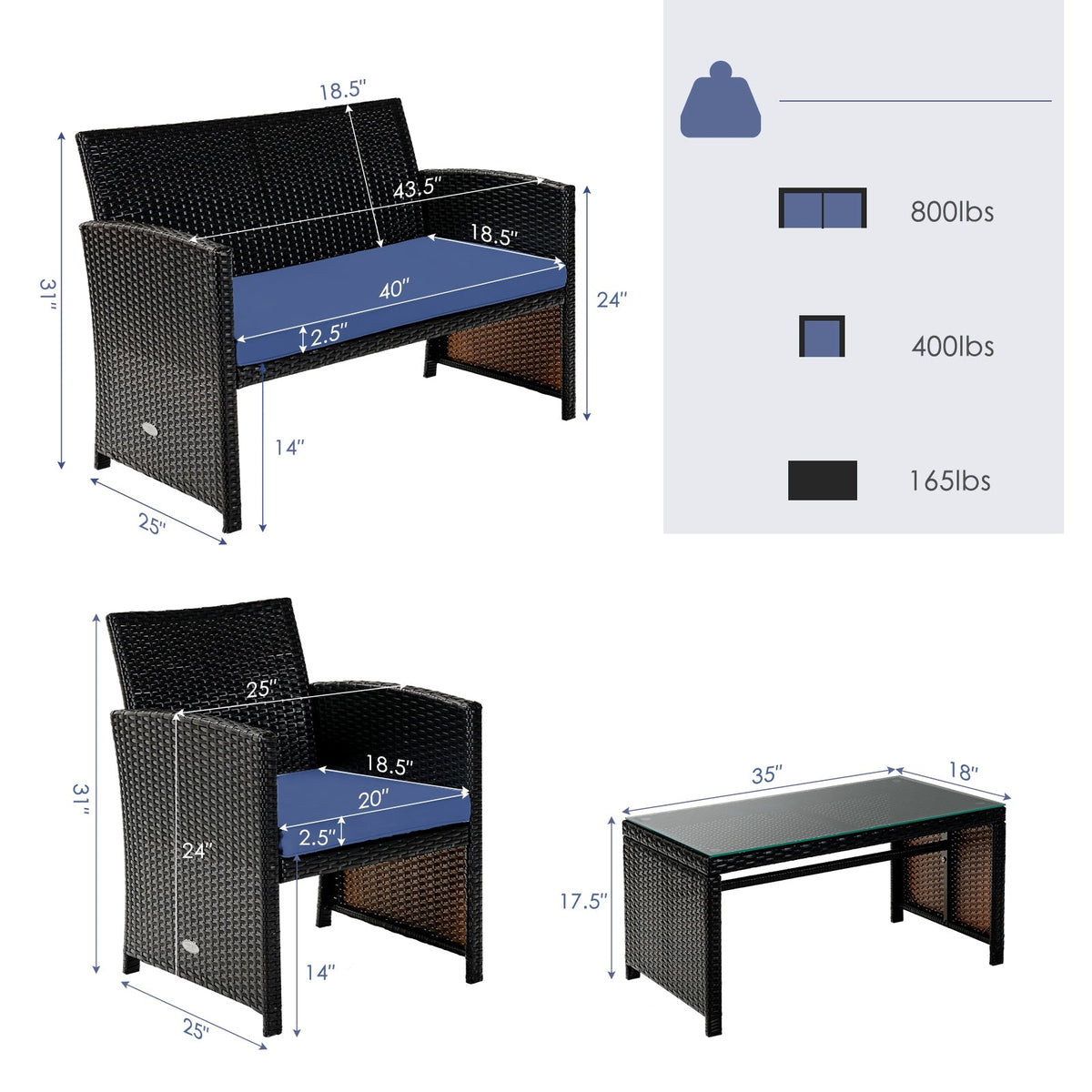 4 Pieces Patio Rattan Cushioned Furniture Set with Coffee Table-Black 4