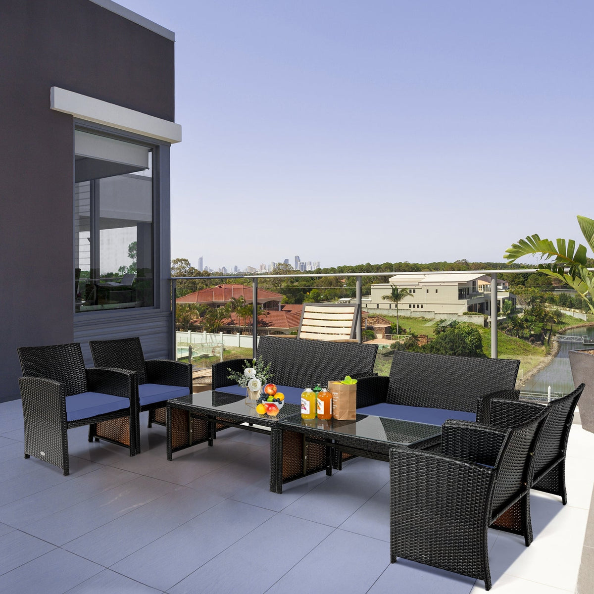 4 Pieces Patio Rattan Cushioned Furniture Set with Coffee Table-Black 1