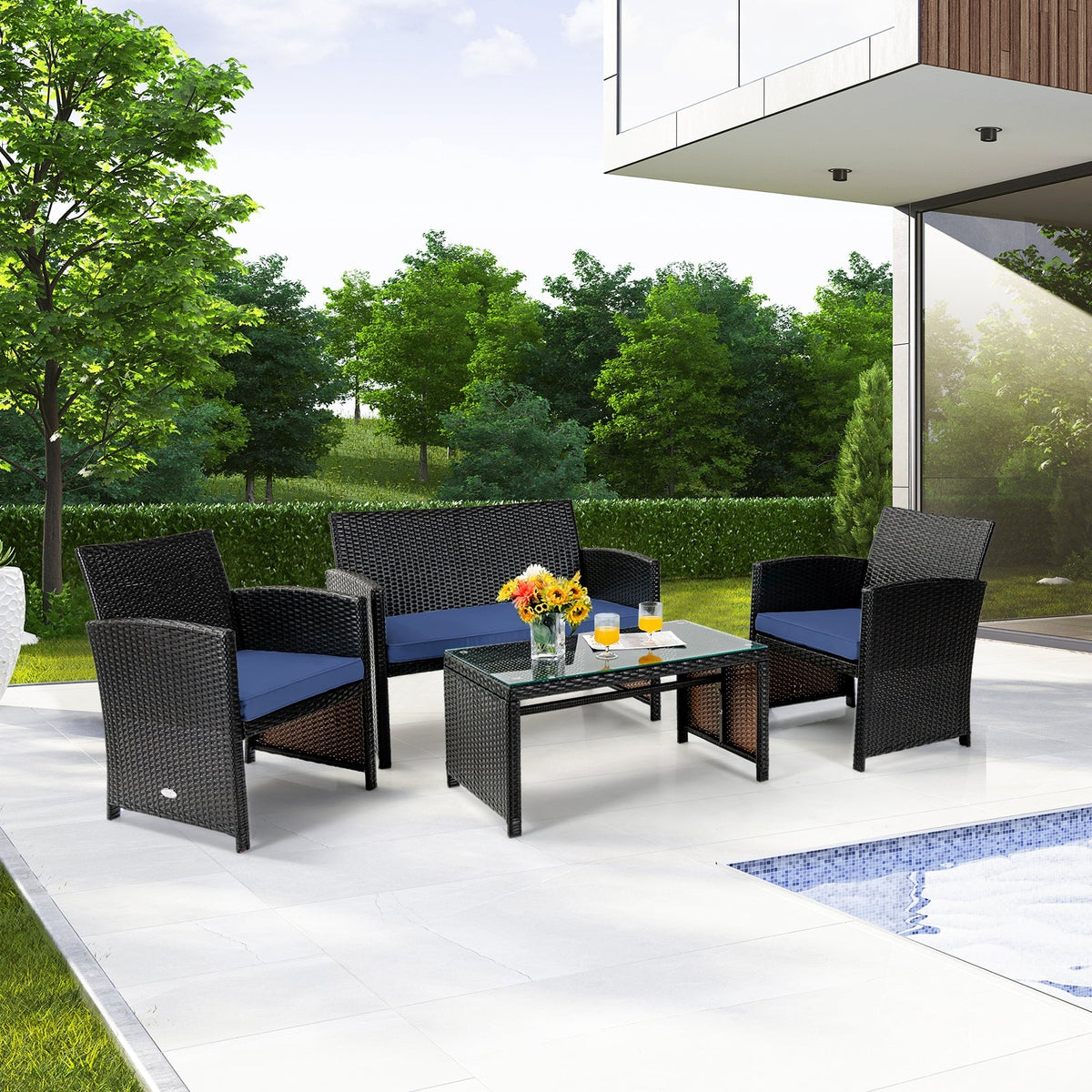 4 Pieces Patio Rattan Cushioned Furniture Set with Coffee Table-Black 7