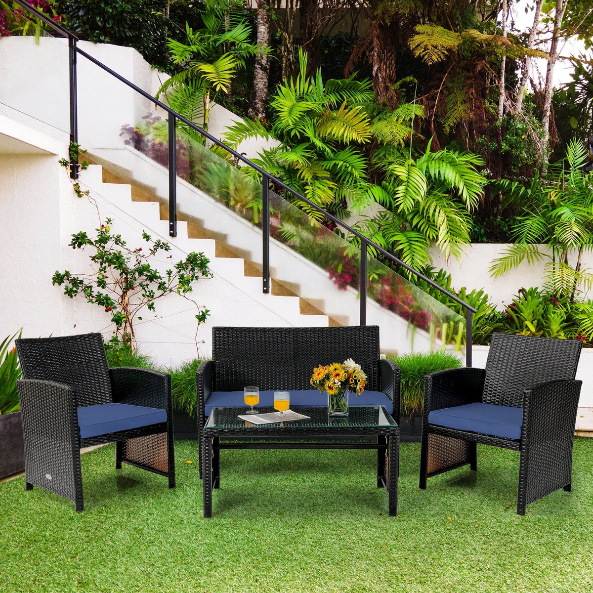 4 Pieces Patio Rattan Cushioned Furniture Set with Coffee Table-Black 6
