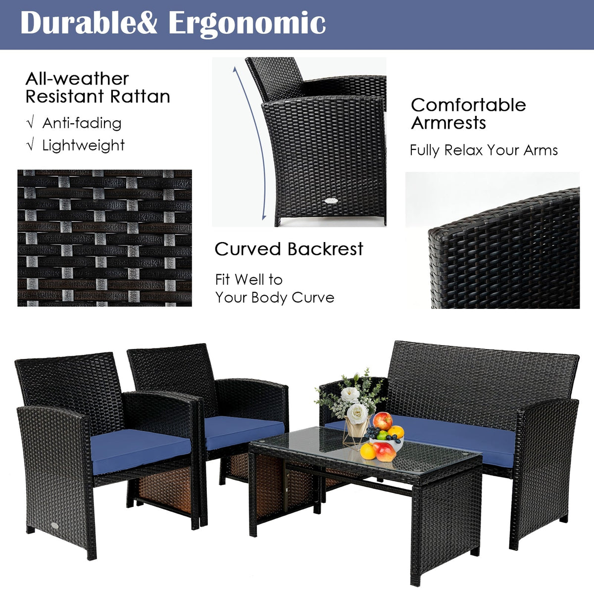 4 Pieces Patio Rattan Cushioned Furniture Set with Coffee Table-Black 5