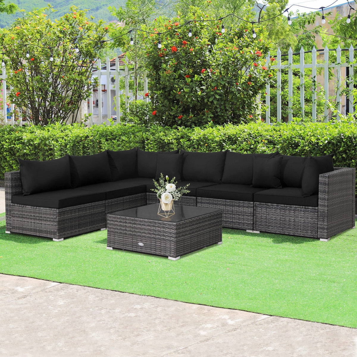 7 Pieces Patio Rattan Furniture Set Sectional Sofa Garden Cushion 3