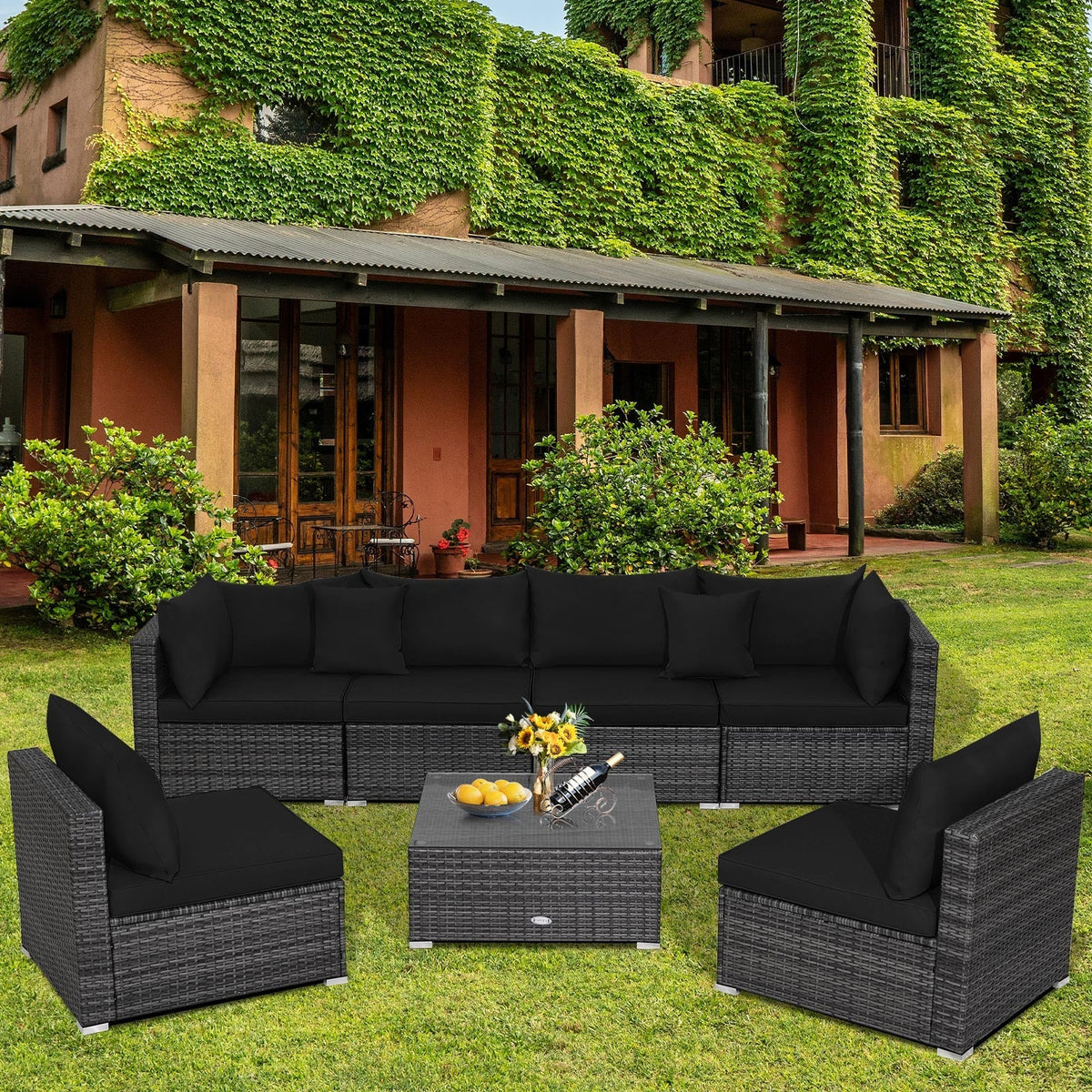 7 Pieces Patio Rattan Furniture Set Sectional Sofa Garden Cushion 43