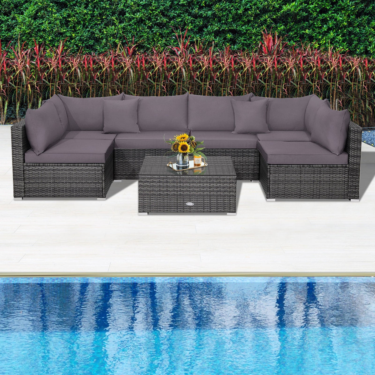 7 Pieces Patio Rattan Furniture Set Sectional Sofa Garden Cushion 48