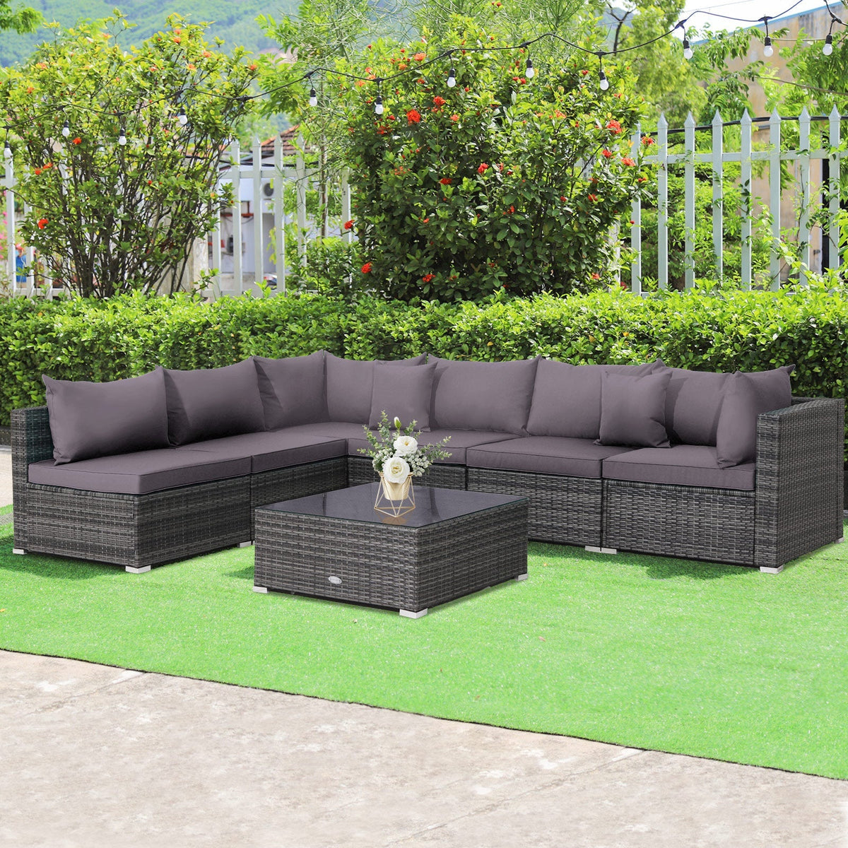 7 Pieces Patio Rattan Furniture Set Sectional Sofa Garden Cushion 5